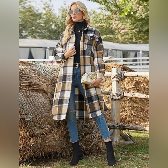 Women's Casual Lapel Button Down Long Plaid Shacket Brown (Various Sizes)- NWT - Picture 3 of 8